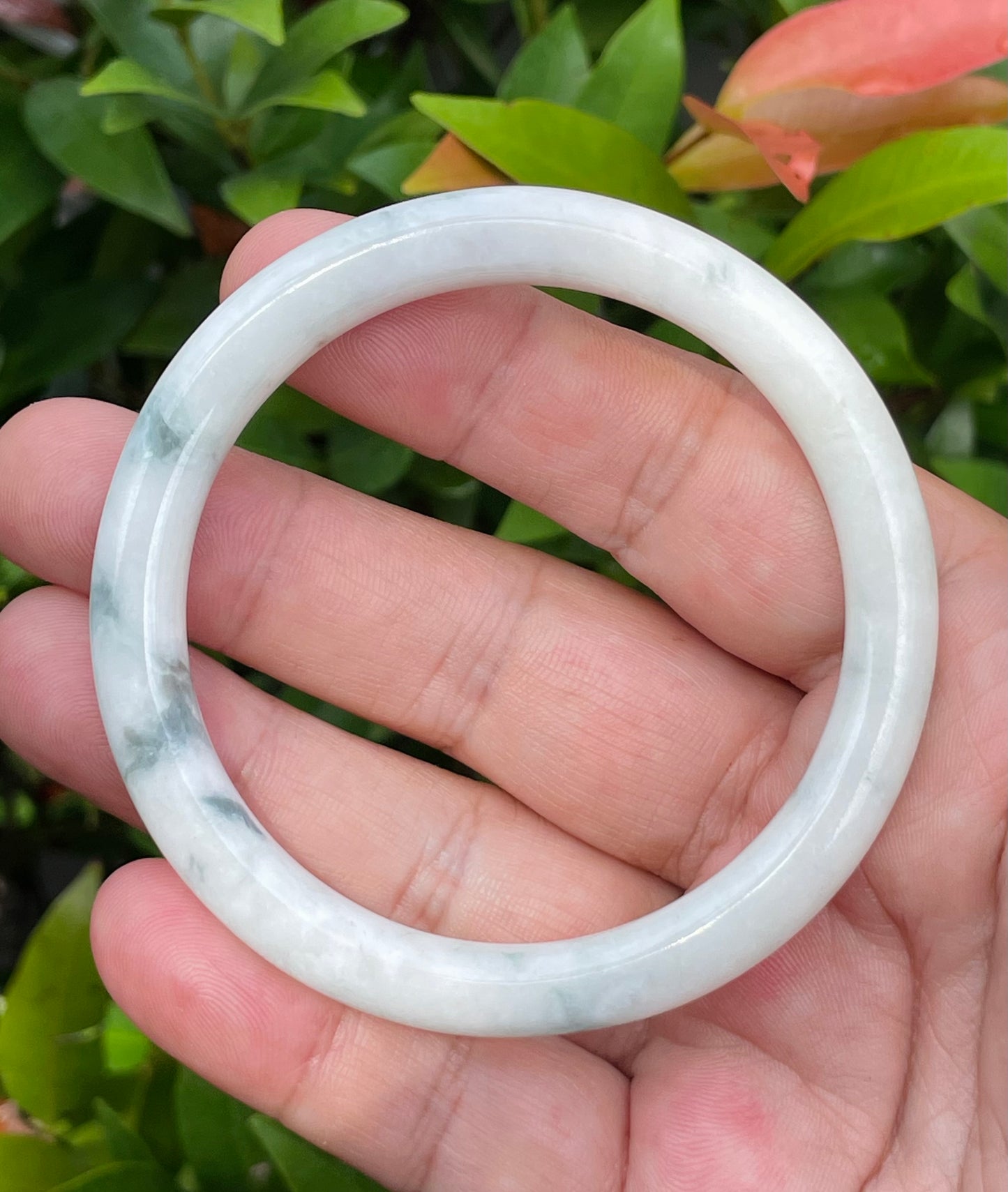 Natural Burmese Jadeite Jade Bangle – Icy Milky White & Imperial Green – Princess Cut – 59mm – JB955