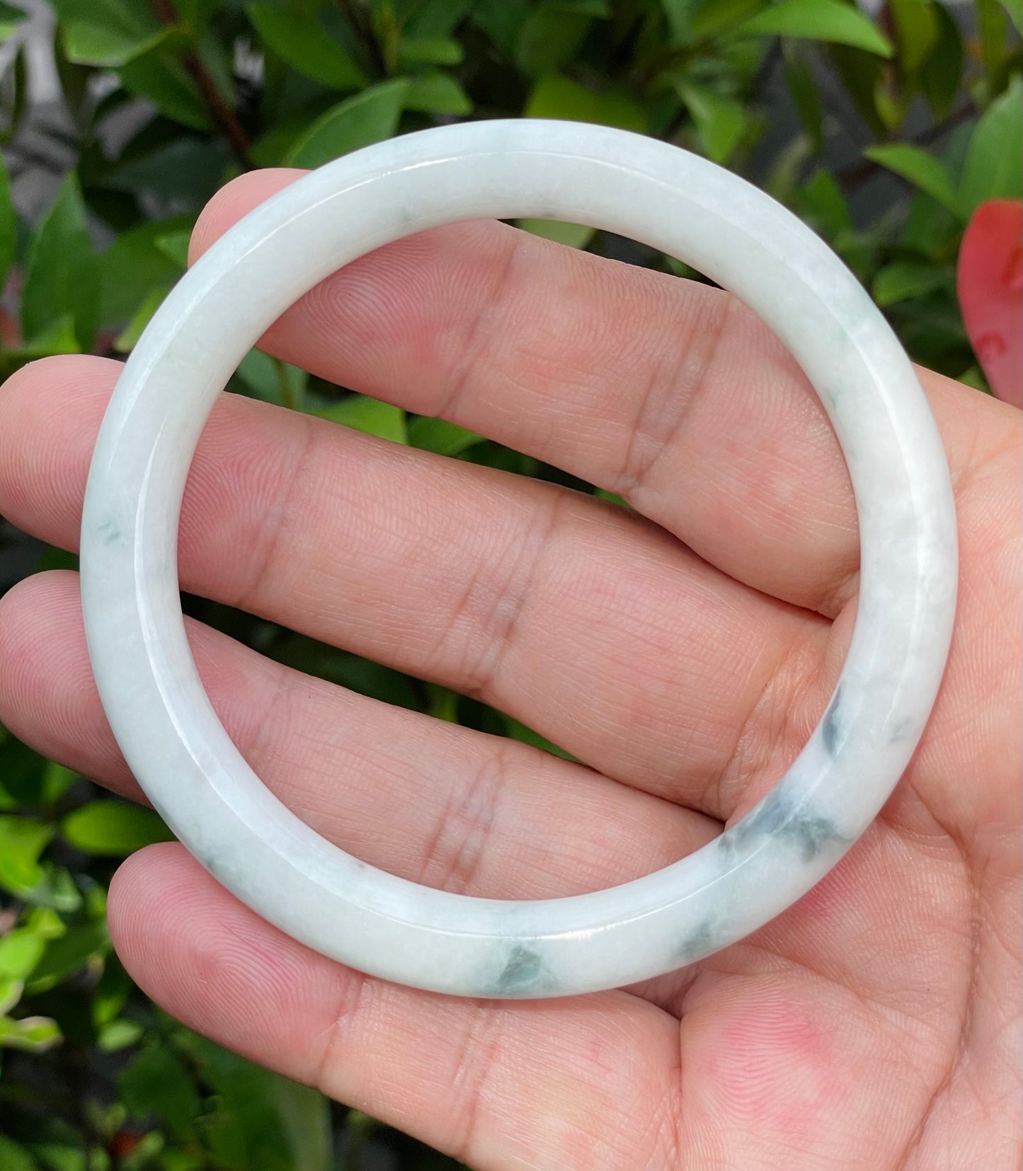 Natural Burmese Jadeite Jade Bangle – Icy Milky White & Imperial Green – Princess Cut – 59mm – JB955