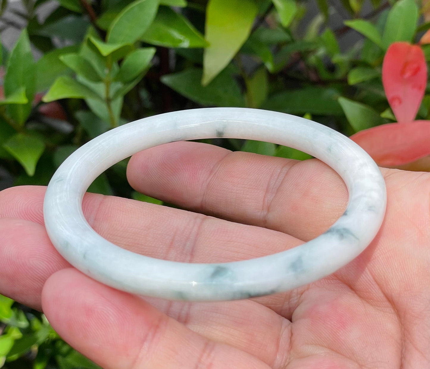 Natural Burmese Jadeite Jade Bangle – Icy Milky White & Imperial Green – Princess Cut – 59mm – JB955