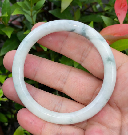 Natural Burmese Jadeite Jade Bangle – Icy Milky White & Imperial Green – Princess Cut – 59mm – JB955