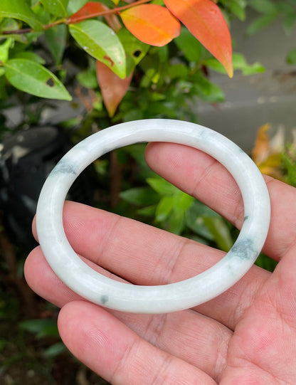 Natural Burmese Jadeite Jade Bangle – Icy Milky White & Imperial Green – Princess Cut – 59mm – JB955