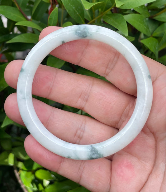 Natural Grade A Burmese Jadeite Jade Bangle – Icy Milky White & Imperial Green – Princess Cut – 59mm – JB955