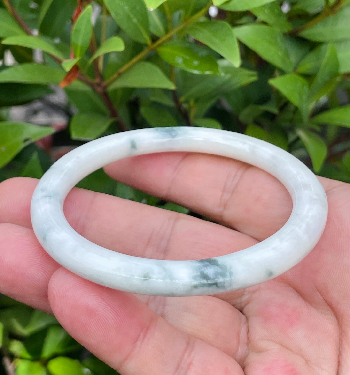 Natural Burmese Jadeite Jade Bangle – Icy Milky White & Imperial Green – Princess Cut – 59mm – JB955
