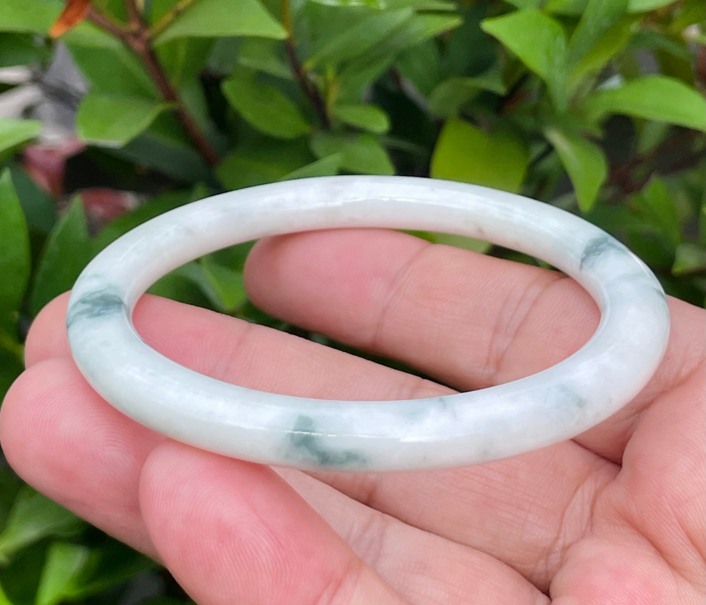 Natural Burmese Jadeite Jade Bangle – Icy Milky White & Imperial Green – Princess Cut – 59mm – JB955