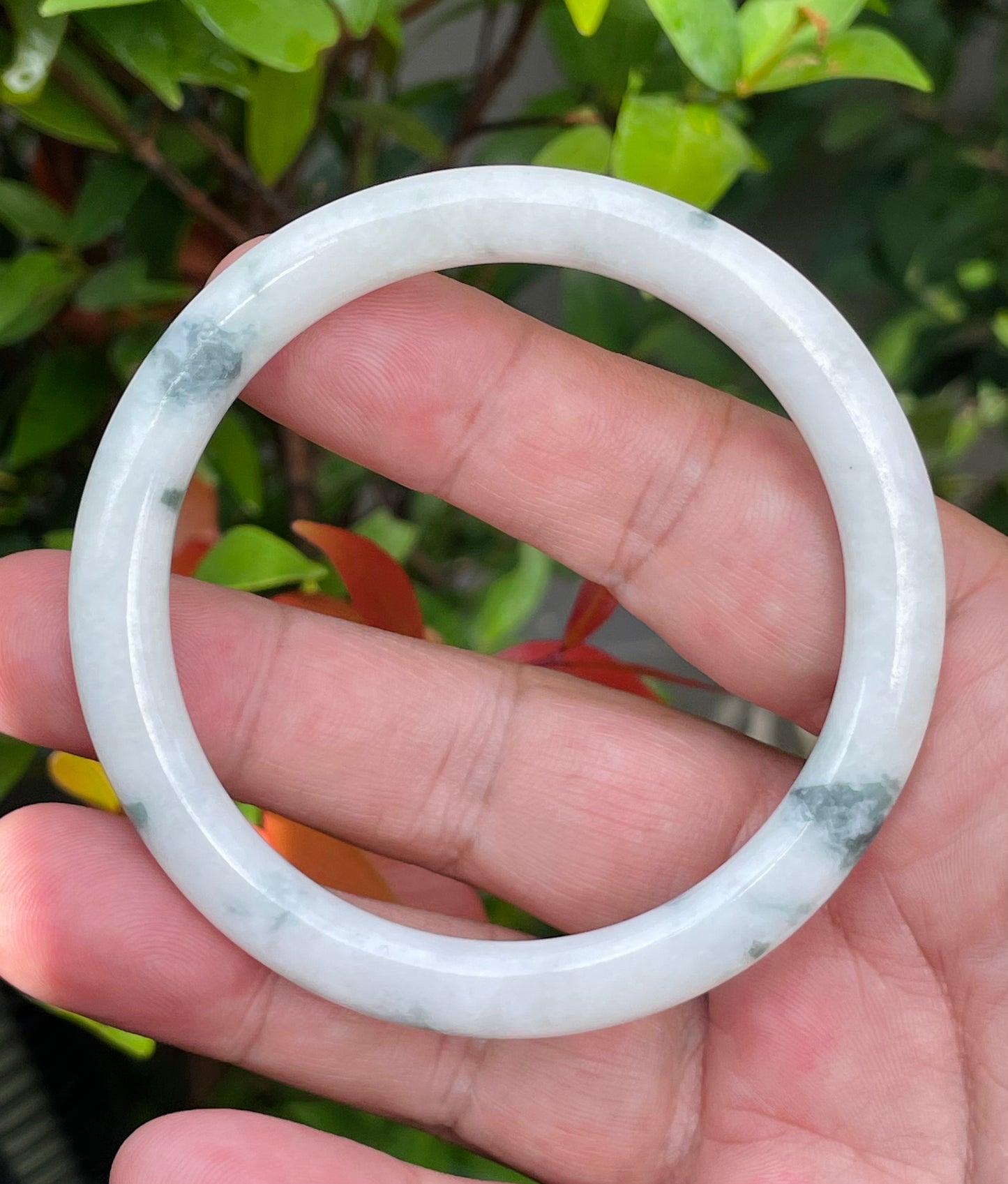 Natural Burmese Jadeite Jade Bangle – Icy Milky White & Imperial Green – Princess Cut – 59mm – JB955