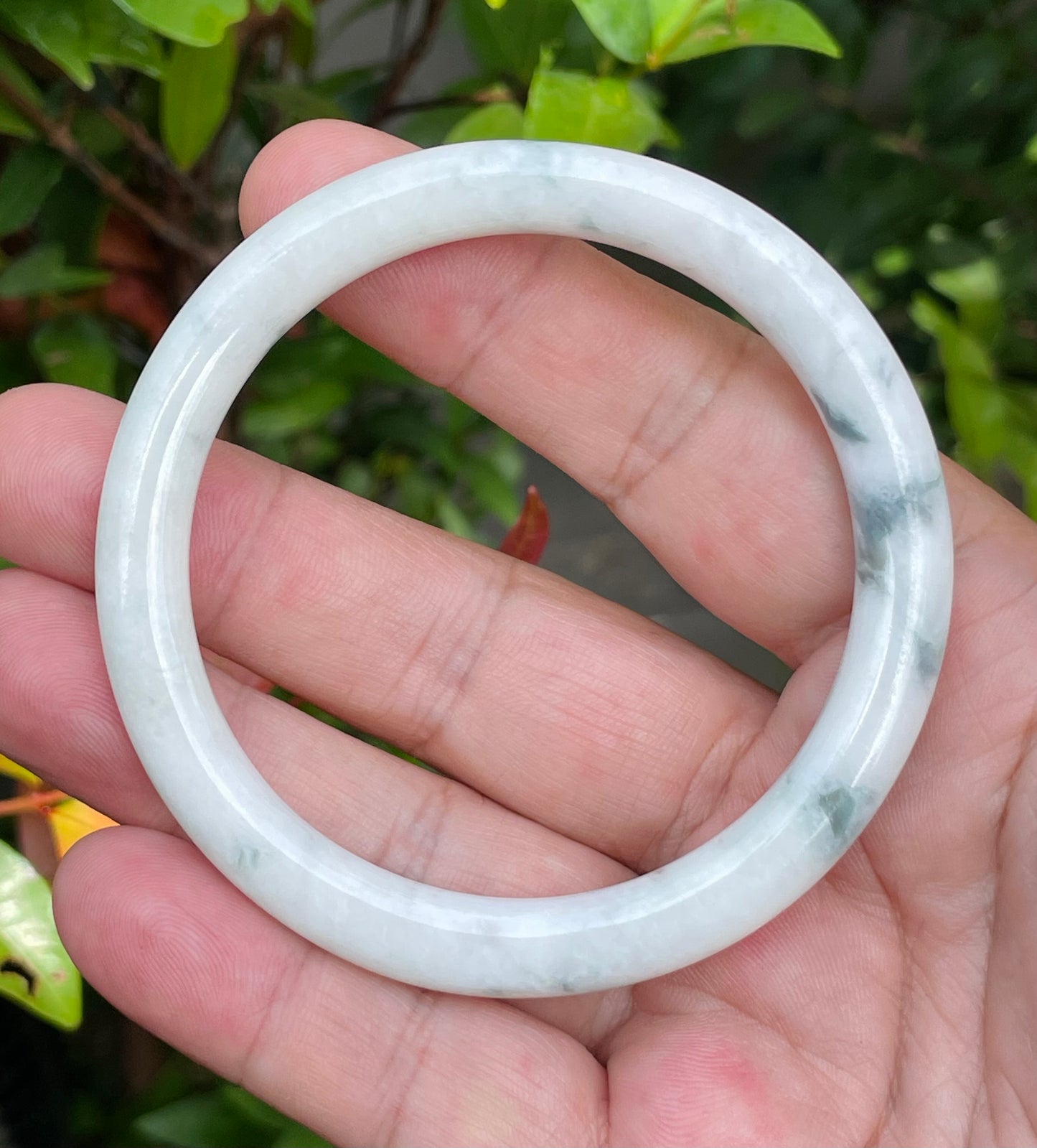 Natural Burmese Jadeite Jade Bangle – Icy Milky White & Imperial Green – Princess Cut – 59mm – JB955