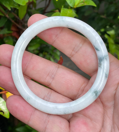 Natural Burmese Jadeite Jade Bangle – Icy Milky White & Imperial Green – Princess Cut – 59mm – JB955