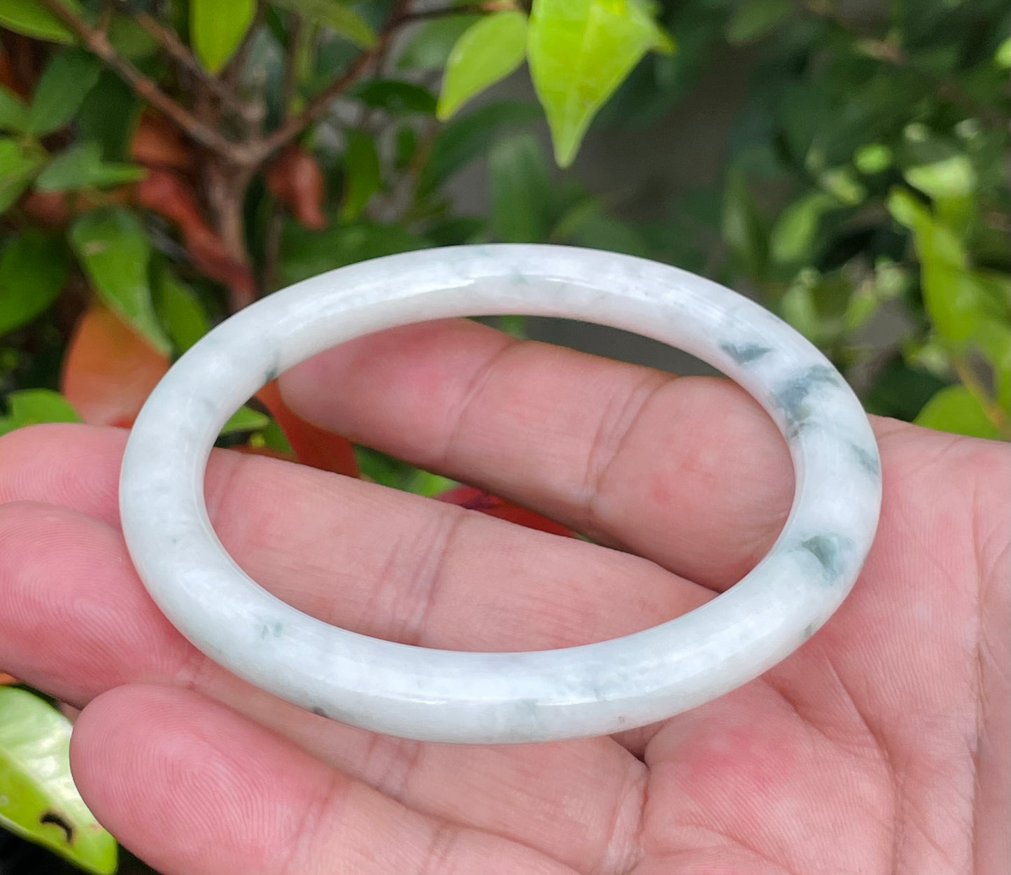 Natural Burmese Jadeite Jade Bangle – Icy Milky White & Imperial Green – Princess Cut – 59mm – JB955