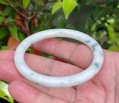 Natural Burmese Jadeite Jade Bangle – Icy Milky White & Imperial Green – Princess Cut – 59mm – JB955