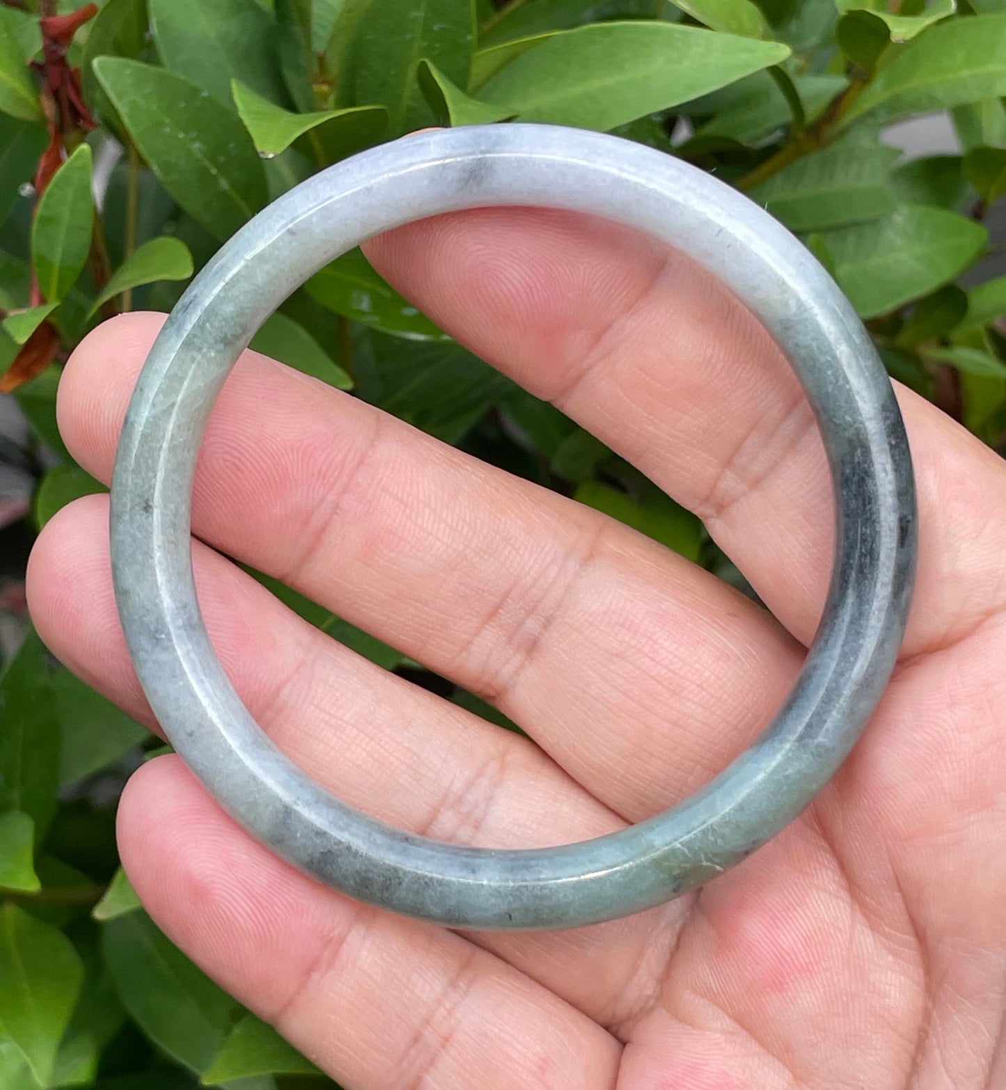 Natural Burmese Jadeite Jade Bangle – Tricolor Moss Green, Black & White – Princess Cut – 57.5mm – JB958