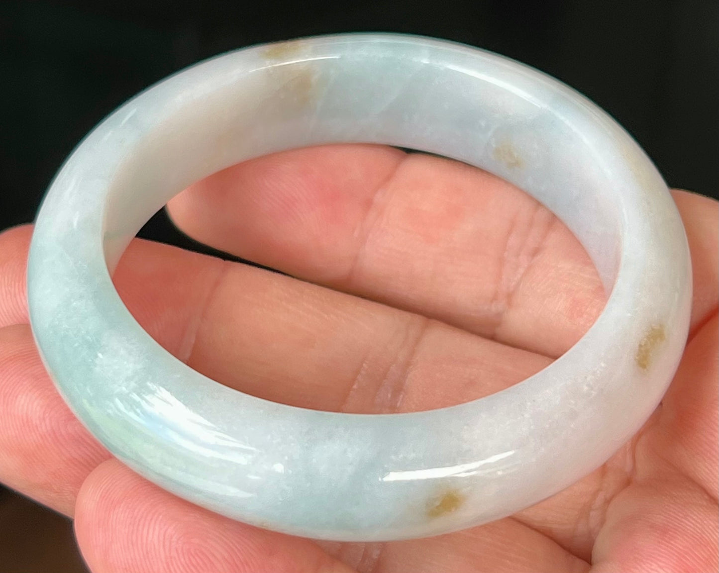 Natural Burmese Jadeite Jade Bangle – Icy Bluish Milky White with Honey Brown Hues – 53mm – JB519