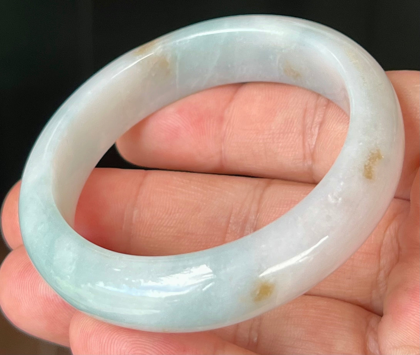 Natural Burmese Jadeite Jade Bangle – Icy Bluish Milky White with Honey Brown Hues – 53mm – JB519
