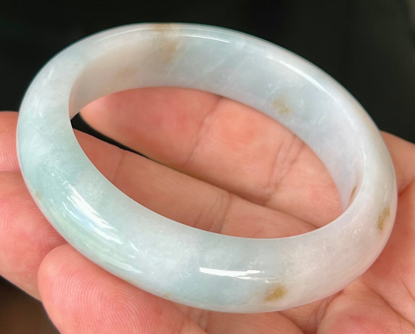 Natural Burmese Jadeite Jade Bangle – Icy Bluish Milky White with Honey Brown Hues – 53mm – JB519