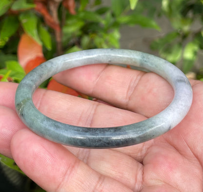 Natural Burmese Jadeite Jade Bangle – Tricolor Moss Green, Black & White – Princess Cut – 57.5mm – JB958