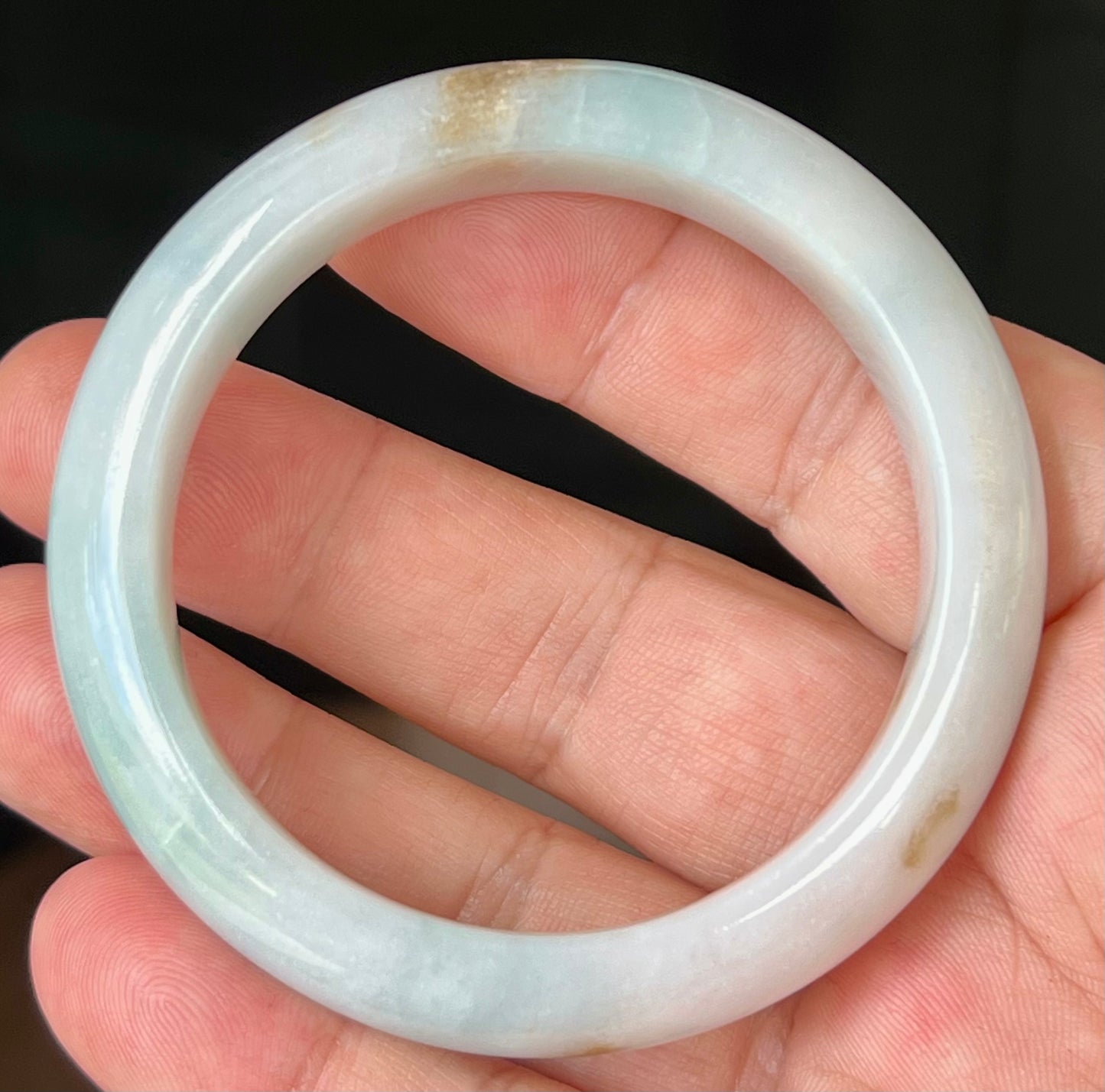 Natural Burmese Jadeite Jade Bangle – Icy Bluish Milky White with Honey Brown Hues – 53mm – JB519