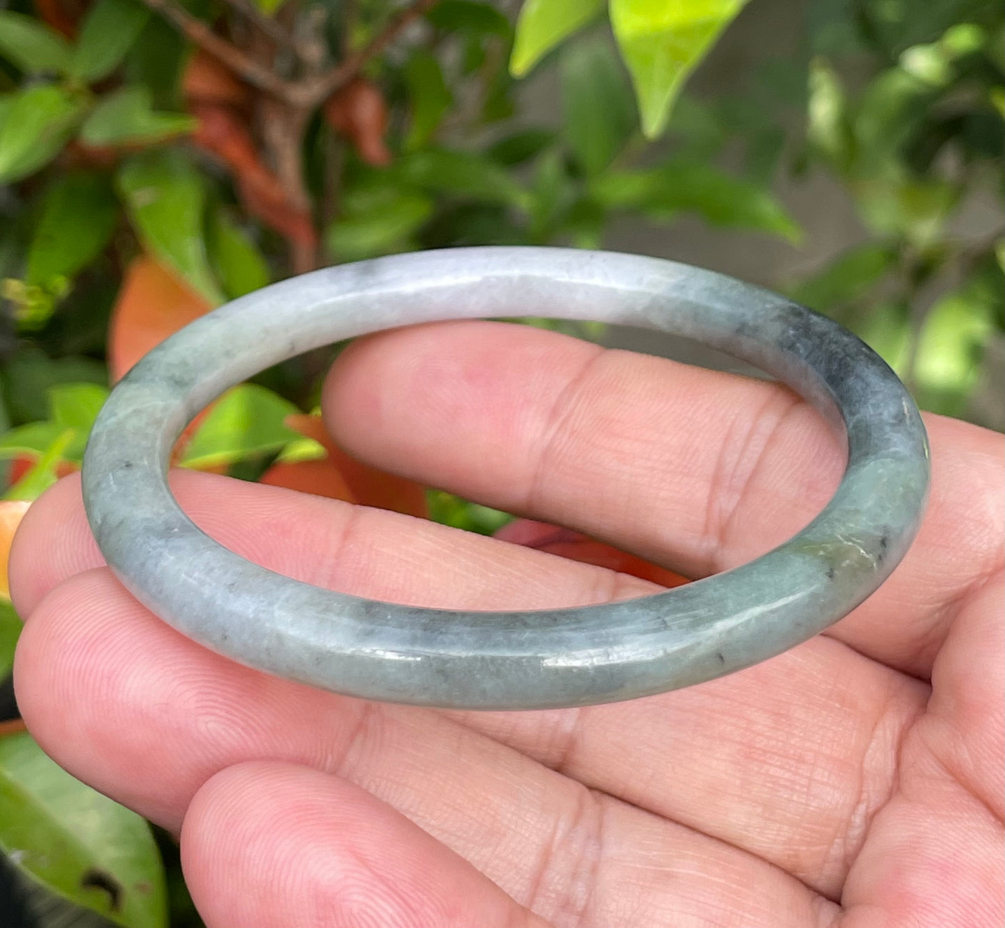 Natural Burmese Jadeite Jade Bangle – Tricolor Moss Green, Black & White – Princess Cut – 57.5mm – JB958