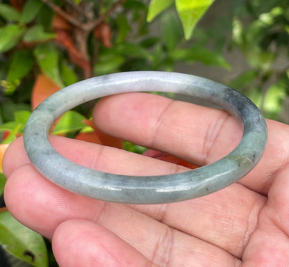 Natural Burmese Jadeite Jade Bangle – Tricolor Moss Green, Black & White – Princess Cut – 57.5mm – JB958