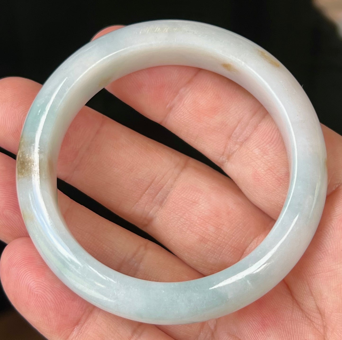 Natural Burmese Jadeite Jade Bangle – Icy Bluish Milky White with Honey Brown Hues – 53mm – JB519