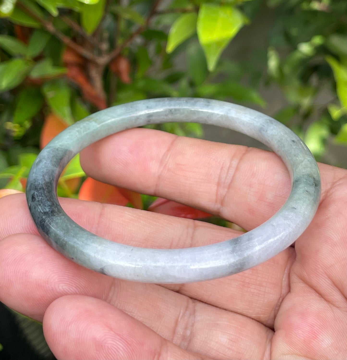 Natural Burmese Jadeite Jade Bangle – Tricolor Moss Green, Black & White – Princess Cut – 57.5mm – JB958