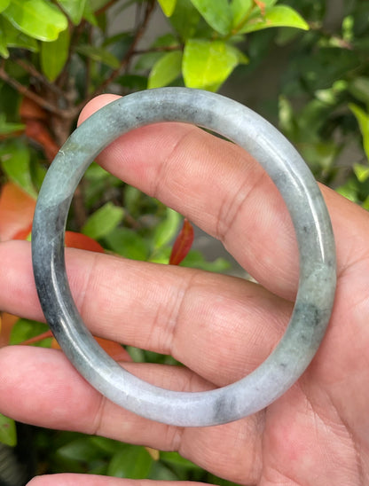 Natural Burmese Jadeite Jade Bangle – Tricolor Moss Green, Black & White – Princess Cut – 57.5mm – JB958