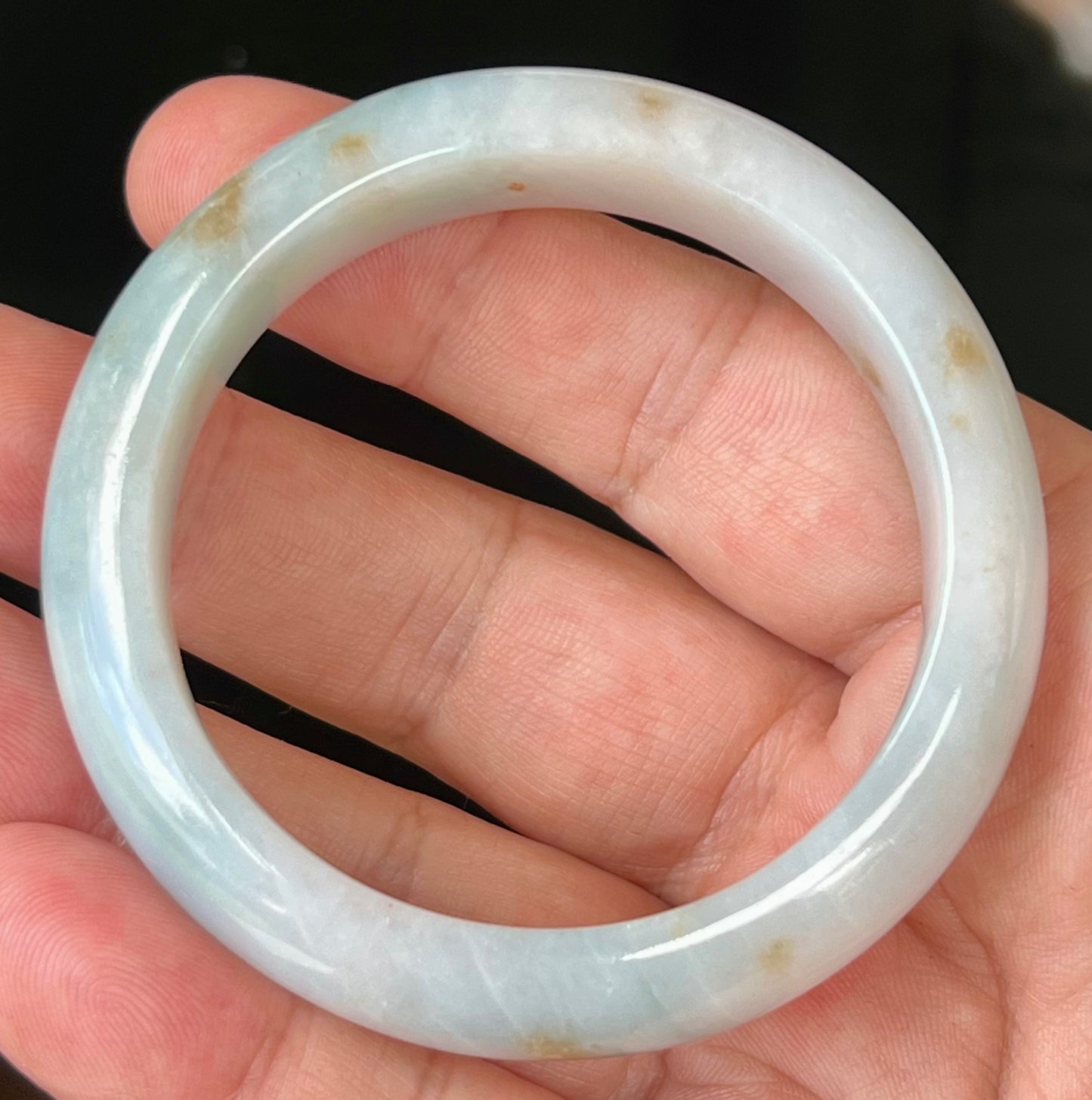 Natural Burmese Jadeite Jade Bangle – Icy Bluish Milky White with Honey Brown Hues – 53mm – JB519