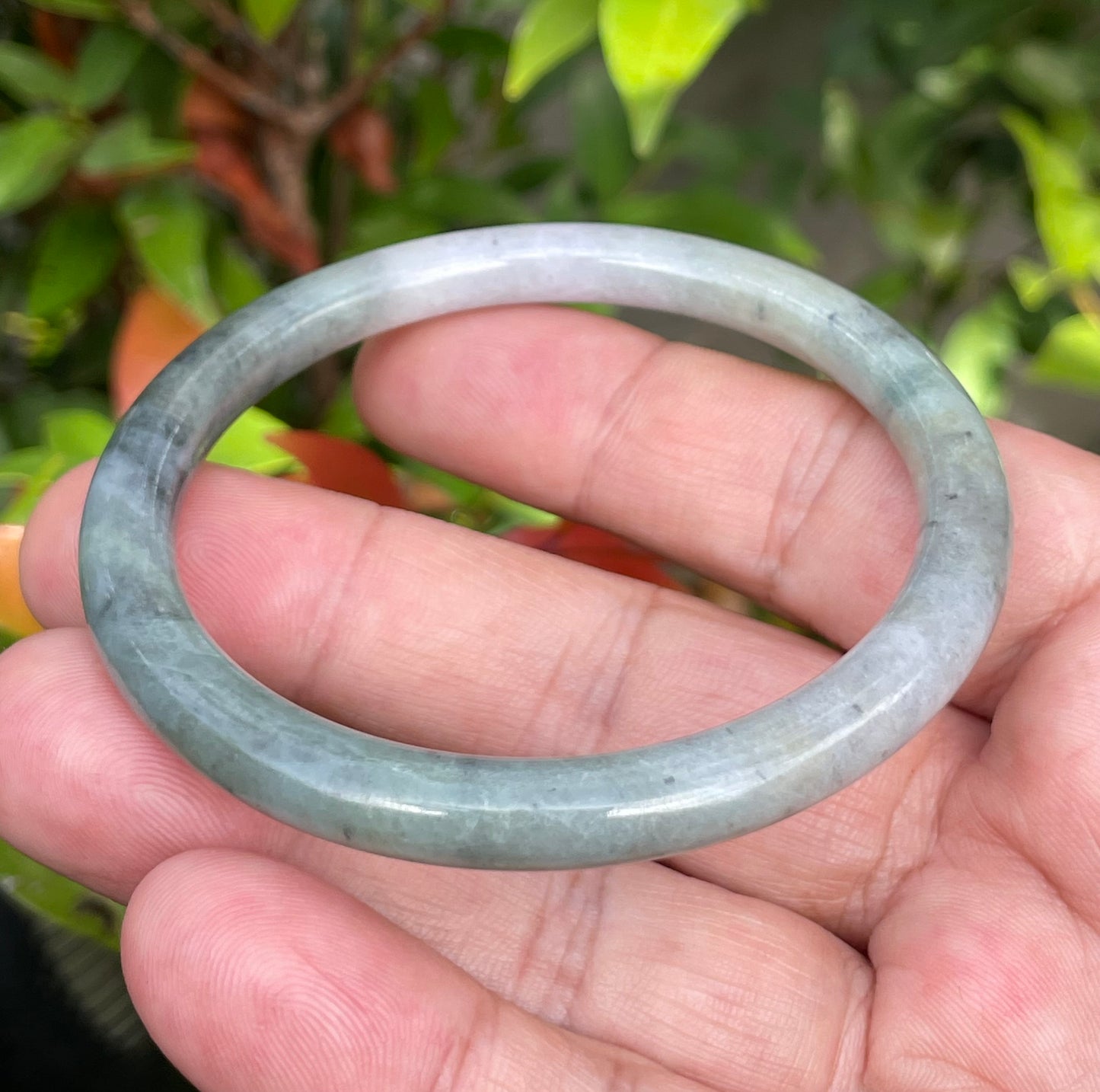 Natural Burmese Jadeite Jade Bangle – Tricolor Moss Green, Black & White – Princess Cut – 57.5mm – JB958