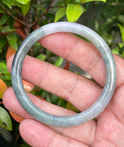 Natural Burmese Jadeite Jade Bangle – Tricolor Moss Green, Black & White – Princess Cut – 57.5mm – JB958