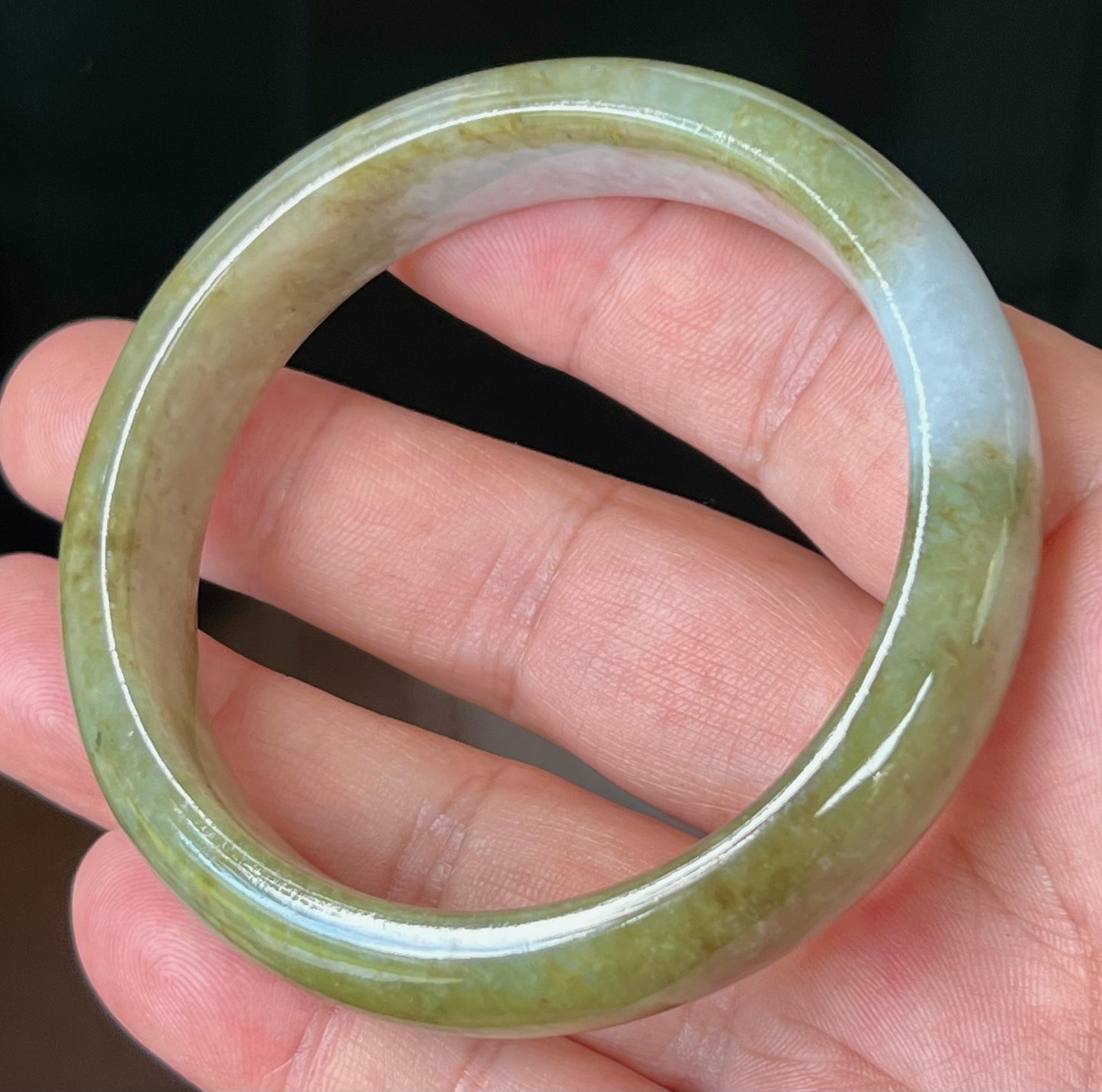 Natural Certified Burmese Jadeite Jade Bangle – Icy Apple Green and Honey Hues with Greyish Milky White Tones – 58.6mm – JB521