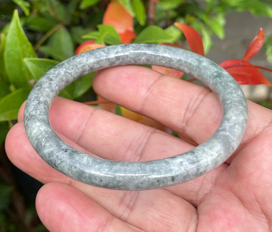 Natural Burmese Jadeite Jade Bangle – Icy Grayish Black & Milky White – Princess Cut – 59.2mm – JB945