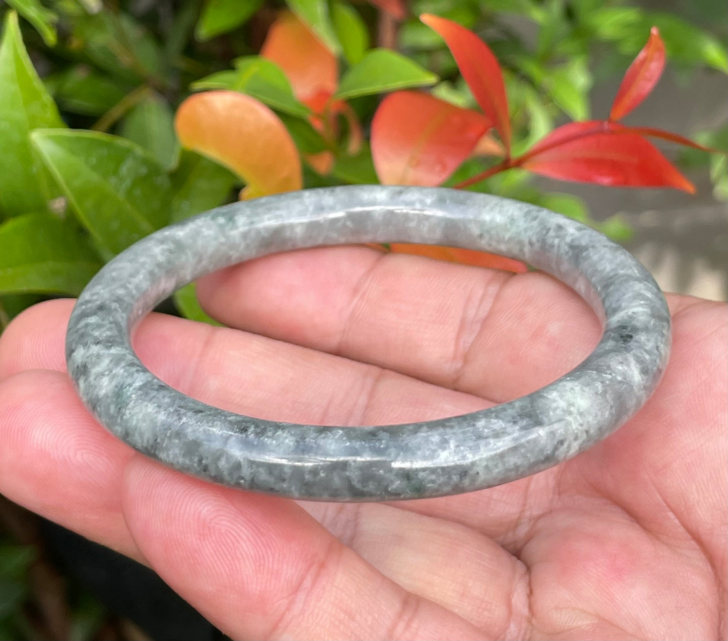 Natural Burmese Jadeite Jade Bangle – Icy Grayish Black & Milky White – Princess Cut – 59.2mm – JB945