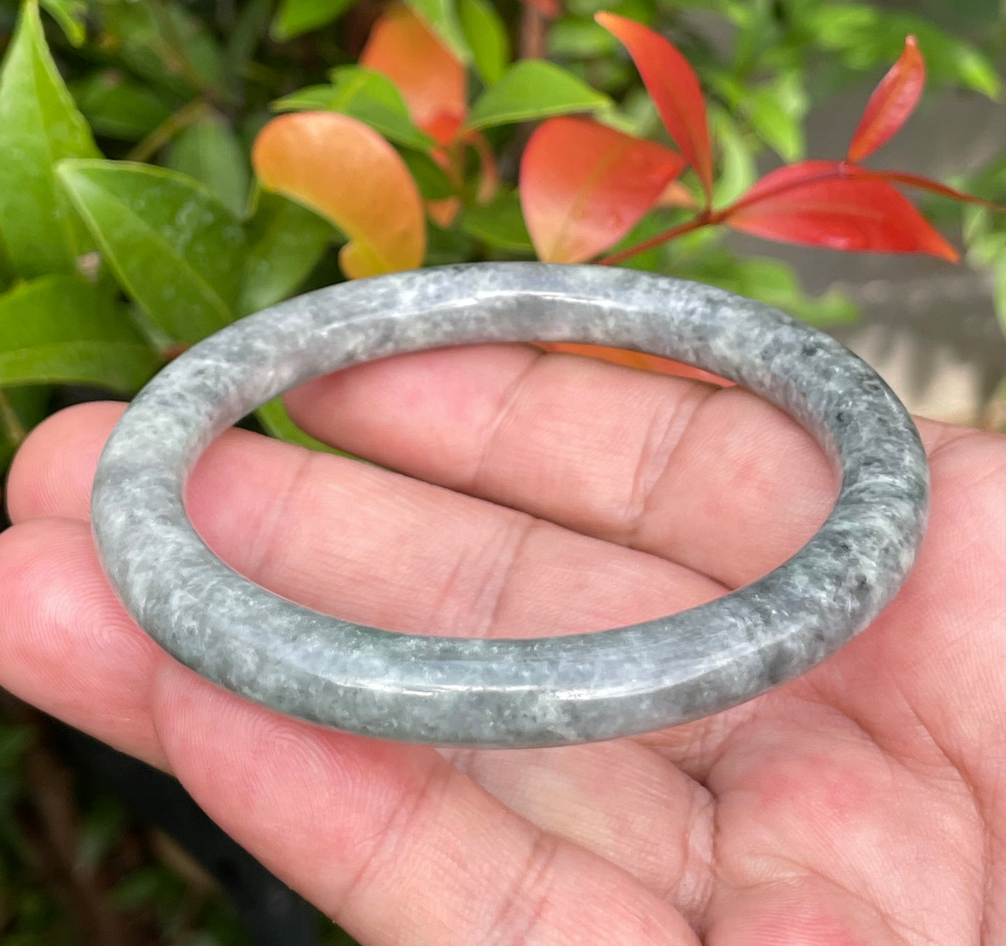 Natural Burmese Jadeite Jade Bangle – Icy Grayish Black & Milky White – Princess Cut – 59.2mm – JB945