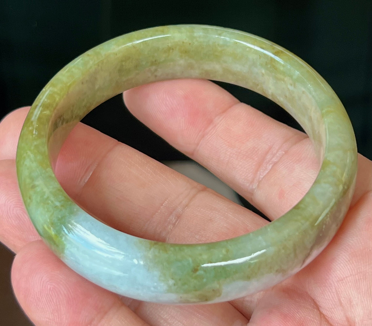 Natural Certified Burmese Jadeite Jade Bangle – Icy Apple Green and Honey Hues with Greyish Milky White Tones – 58.6mm – JB521