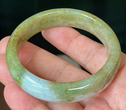 Natural Certified Burmese Jadeite Jade Bangle – Icy Apple Green and Honey Hues with Greyish Milky White Tones – 58.6mm – JB521