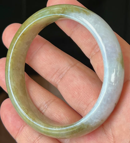 Natural Certified Burmese Jadeite Jade Bangle – Icy Apple Green and Honey Hues with Greyish Milky White Tones – 58.6mm – JB521