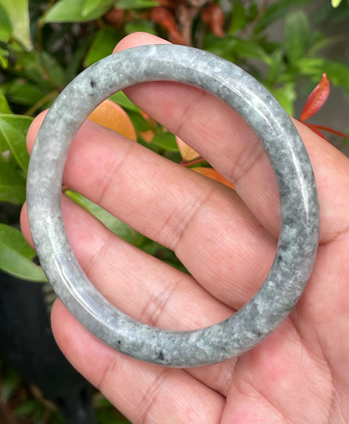Natural Burmese Jadeite Jade Bangle – Icy Grayish Black & Milky White – Princess Cut – 59.2mm – JB945