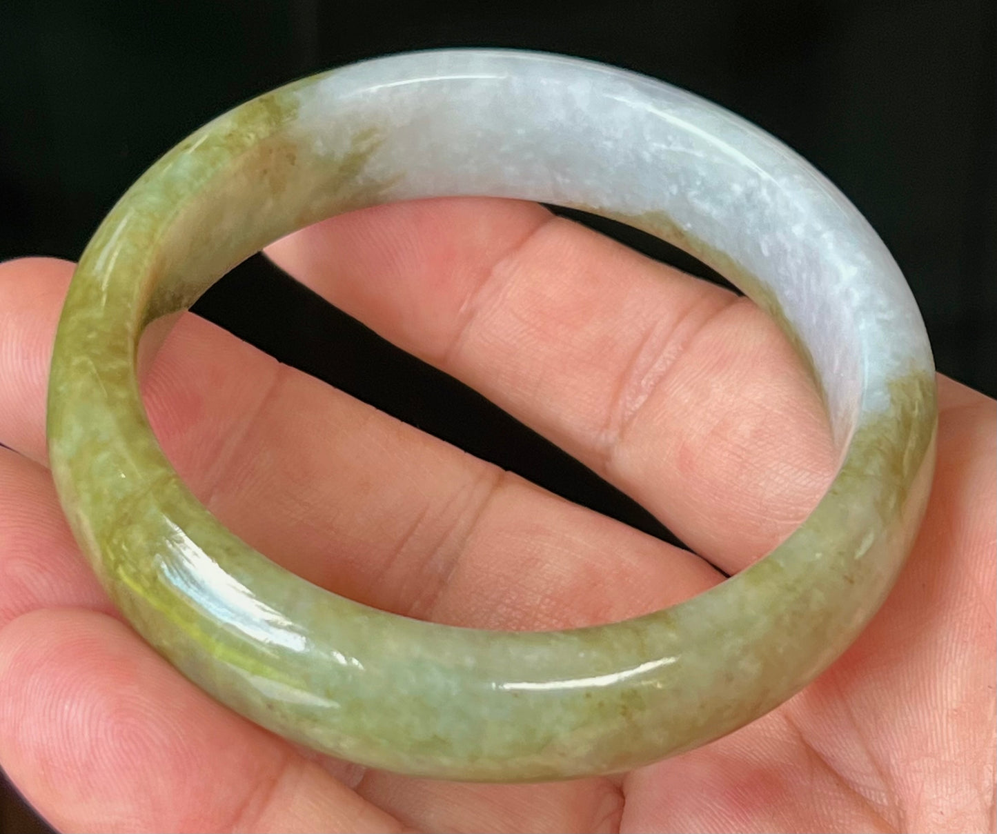 Natural Certified Burmese Jadeite Jade Bangle – Icy Apple Green and Honey Hues with Greyish Milky White Tones – 58.6mm – JB521