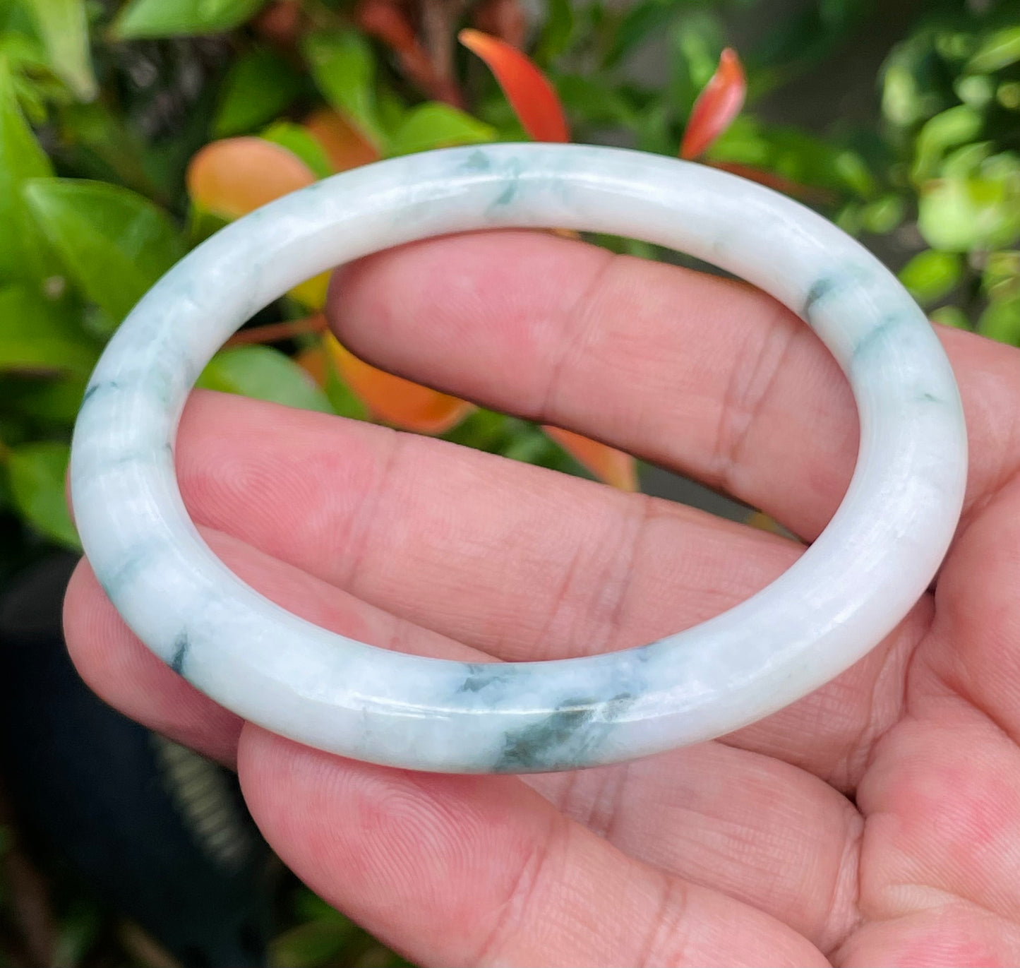 Natural Burmese Jadeite Jade Bangle – Milky White & Imperial Green – Princess Cut – 58.8mm – JB951