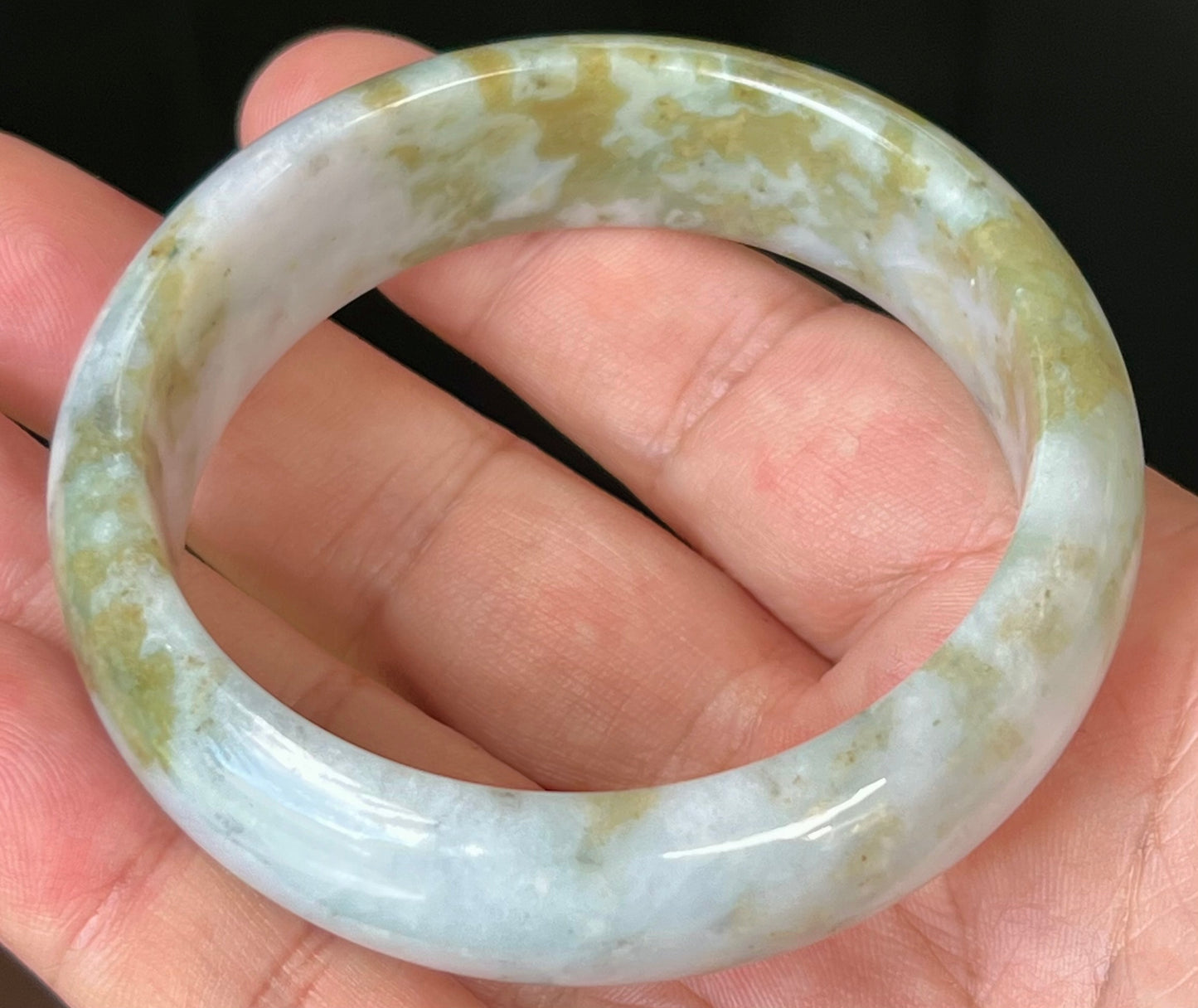 Natural Burmese Jadeite Jade Bangle – Icy Grey and Milky White with Apple Moss Green – 57.2mm – JB523