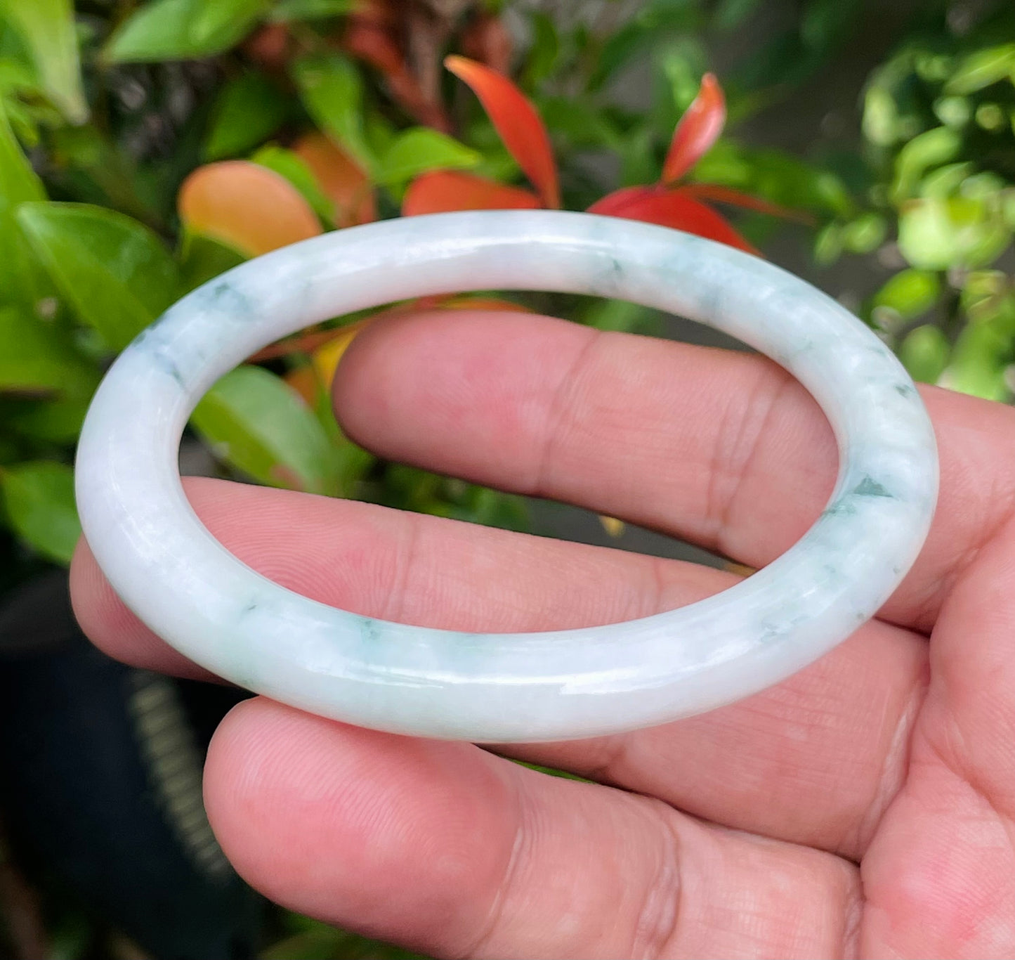Natural Burmese Jadeite Jade Bangle – Milky White & Imperial Green – Princess Cut – 58.8mm – JB951