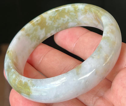 Natural Burmese Jadeite Jade Bangle – Icy Grey and Milky White with Apple Moss Green – 57.2mm – JB523