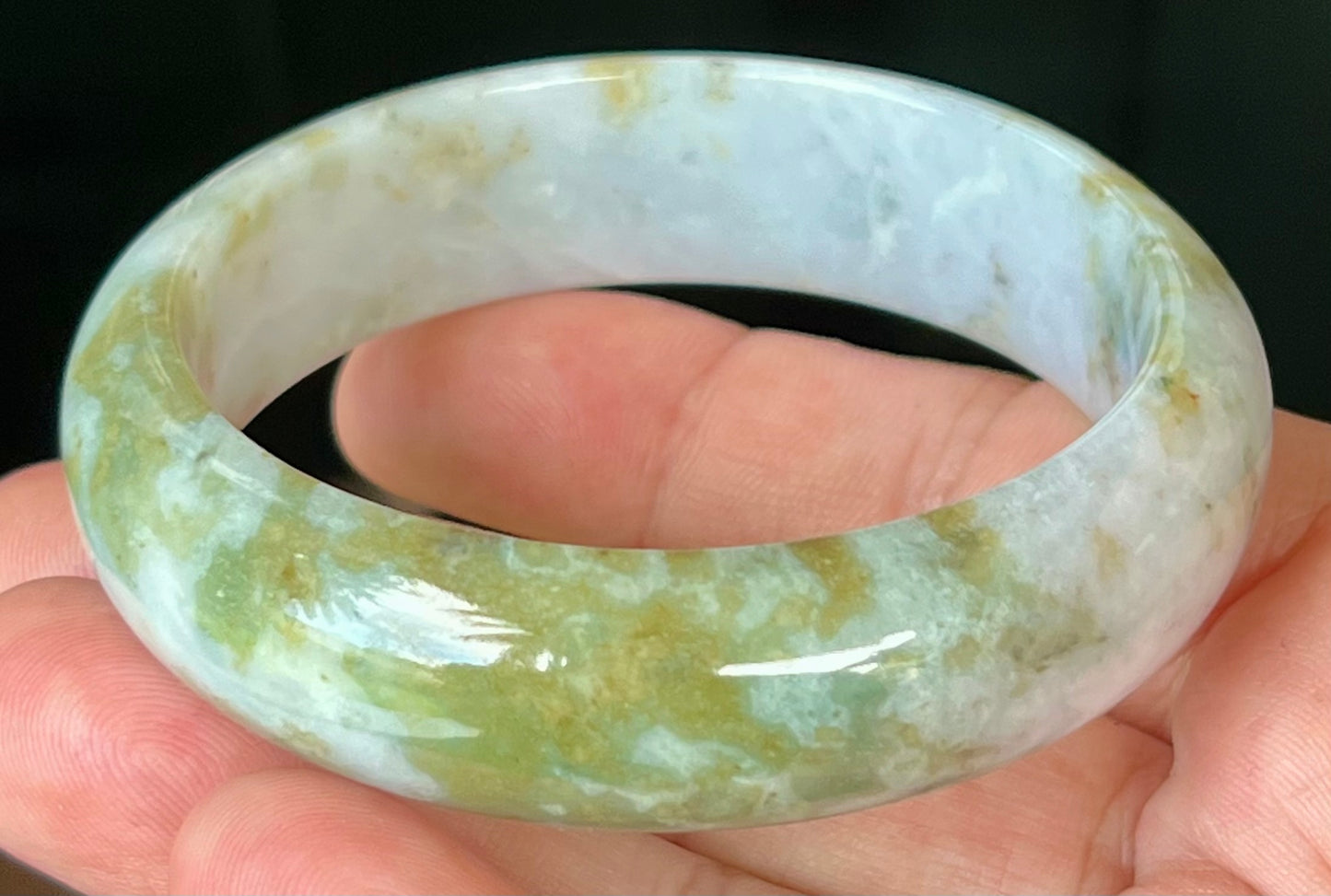 Natural Burmese Jadeite Jade Bangle – Icy Grey and Milky White with Apple Moss Green – 57.2mm – JB523