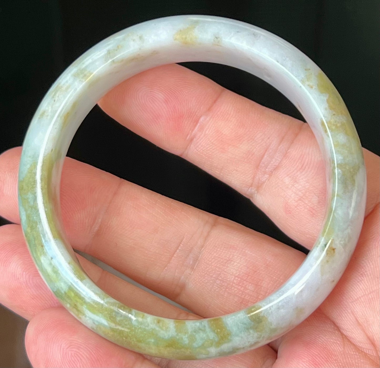 Natural Burmese Jadeite Jade Bangle – Icy Grey and Milky White with Apple Moss Green – 57.2mm – JB523