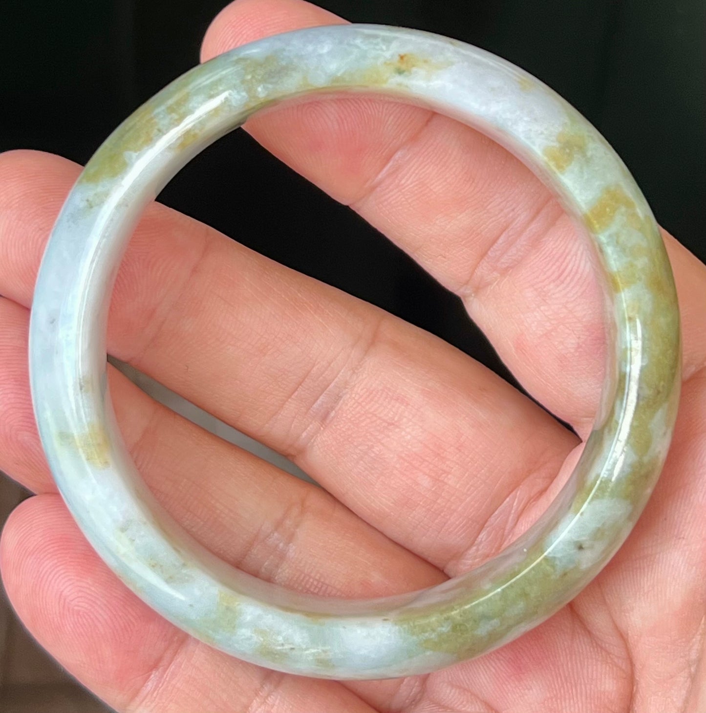 Natural Burmese Jadeite Jade Bangle – Icy Grey and Milky White with Apple Moss Green – 57.2mm – JB523