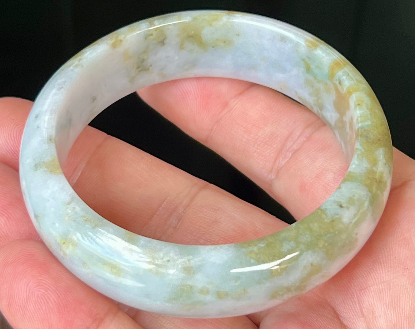 Natural Burmese Jadeite Jade Bangle – Icy Grey and Milky White with Apple Moss Green – 57.2mm – JB523
