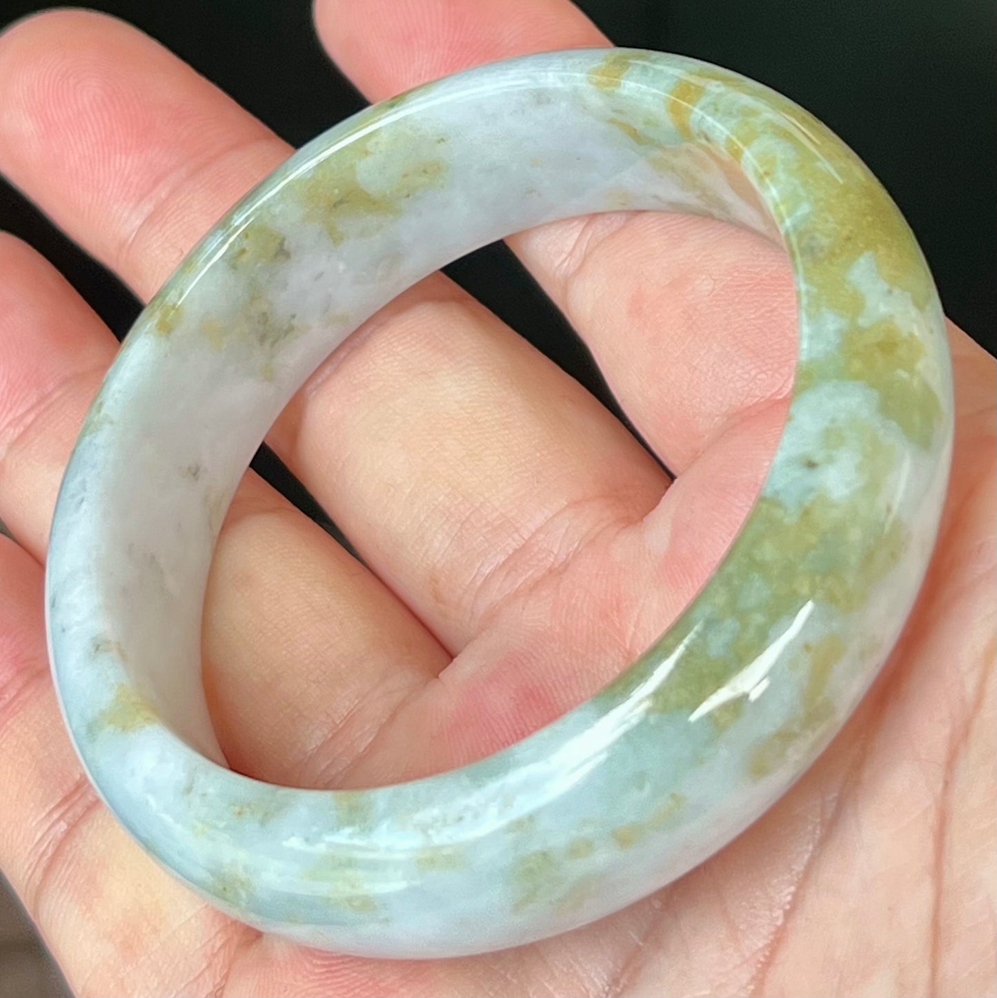 Natural Burmese Jadeite Jade Bangle – Icy Grey and Milky White with Apple Moss Green – 57.2mm – JB523