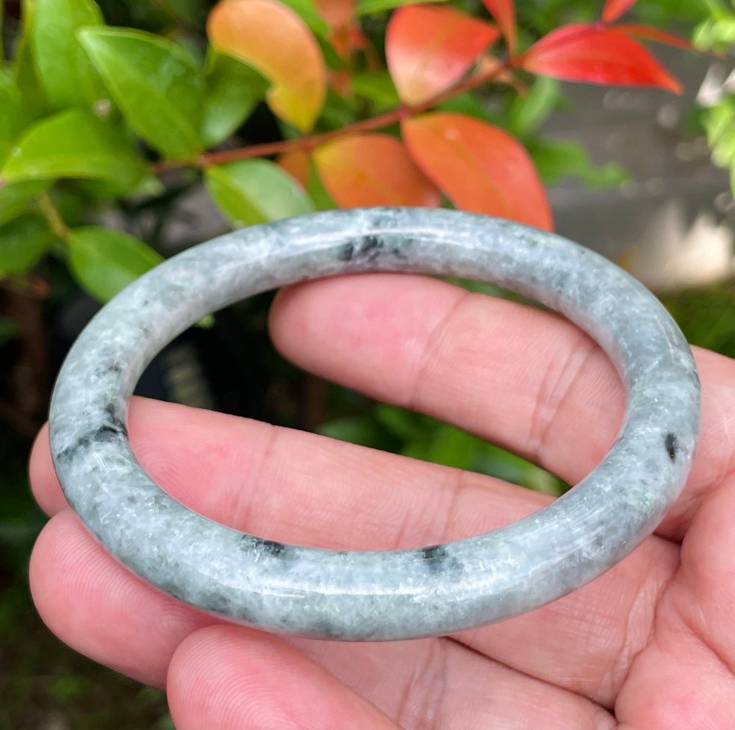 Natural Burmese Jadeite Jade Bangle – Gray & Milky White – Princess Cut – 58.6mm – JB947