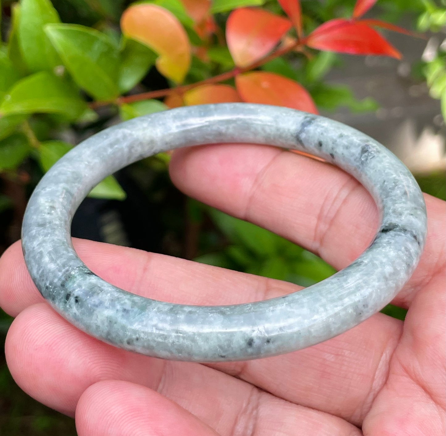 Natural Burmese Jadeite Jade Bangle – Gray & Milky White – Princess Cut – 58.6mm – JB947