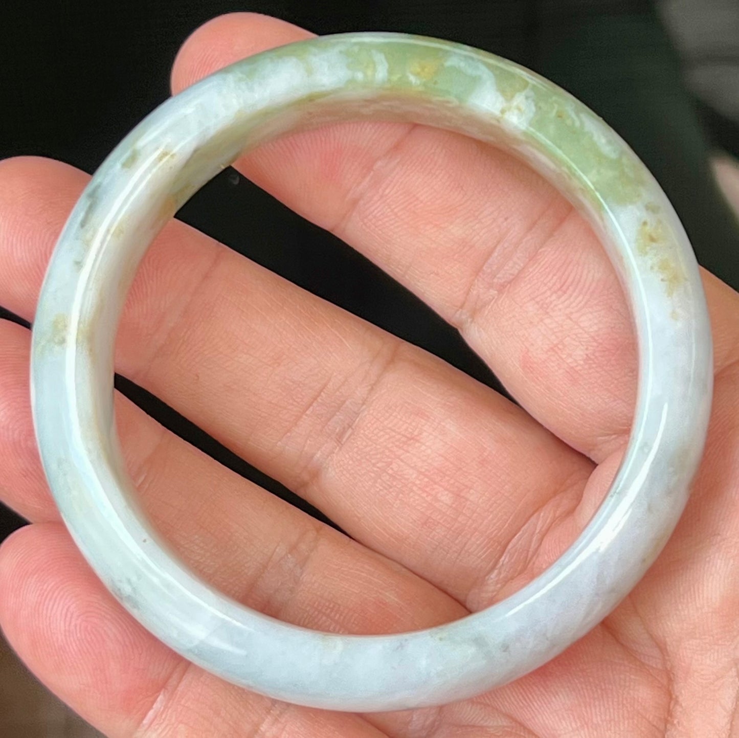 Natural Burmese Jadeite Jade Bangle – Icy Grey and Milky White with Apple Moss Green – 57.2mm – JB523