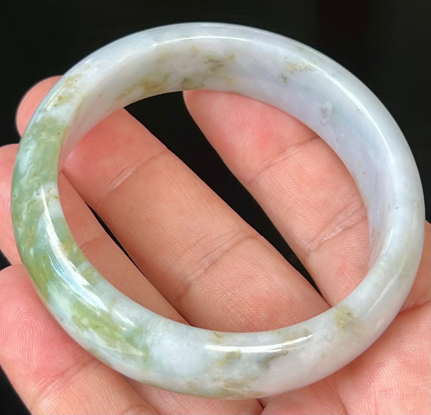 Natural Burmese Jadeite Jade Bangle – Icy Grey and Milky White with Apple Moss Green – 57.2mm – JB523