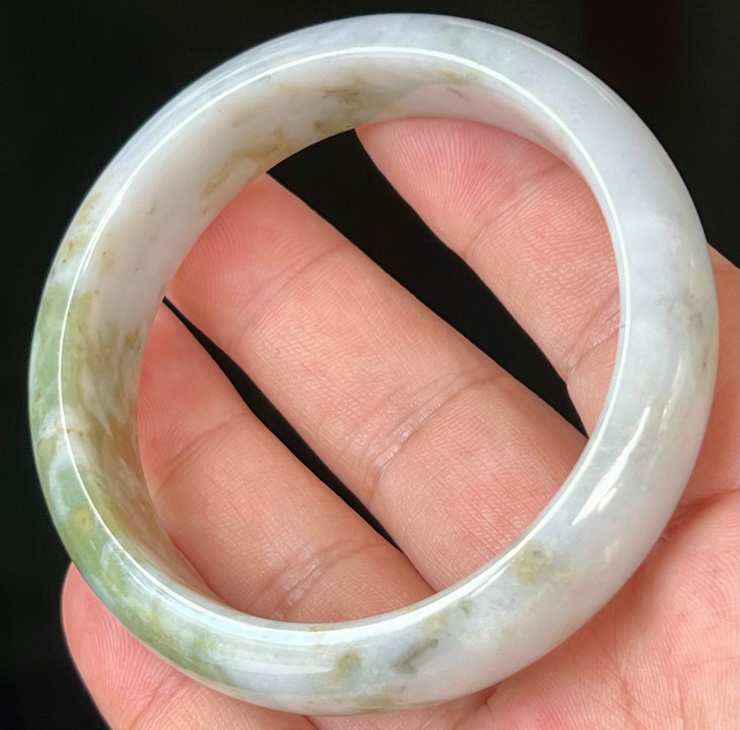 Natural Burmese Jadeite Jade Bangle – Icy Grey and Milky White with Apple Moss Green – 57.2mm – JB523